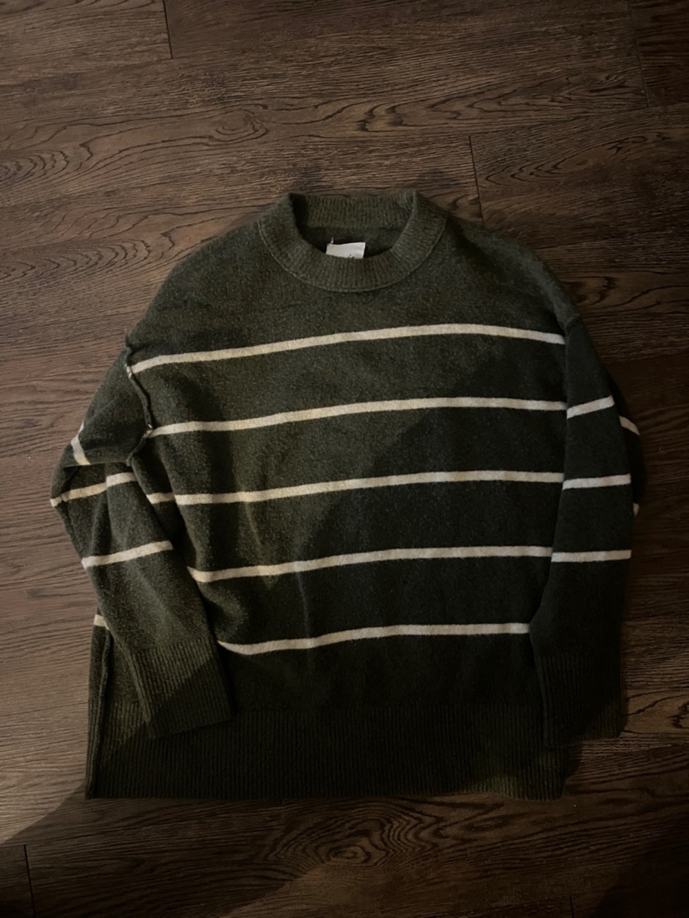 aerie Olive Green Crewneck Sweater with White Stripes